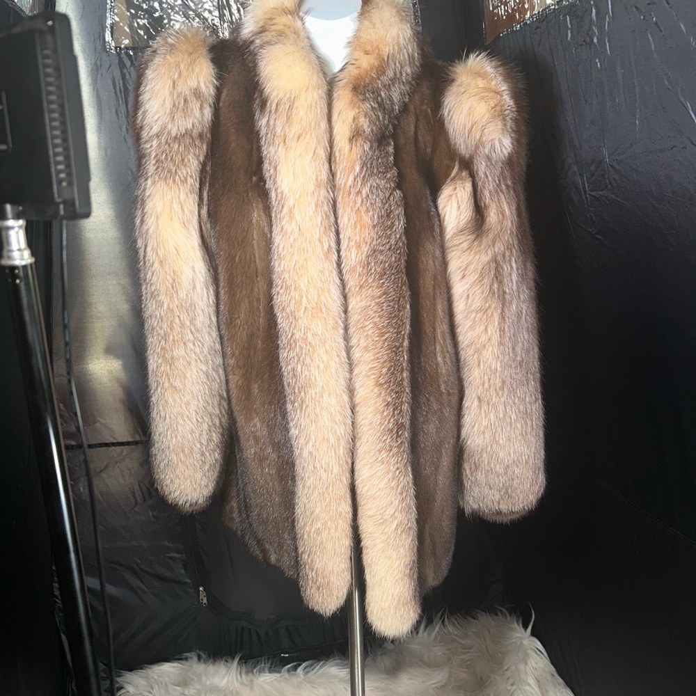 Luxurious Cream and Brown Ski Jacket with lush fox and mink genuine fur